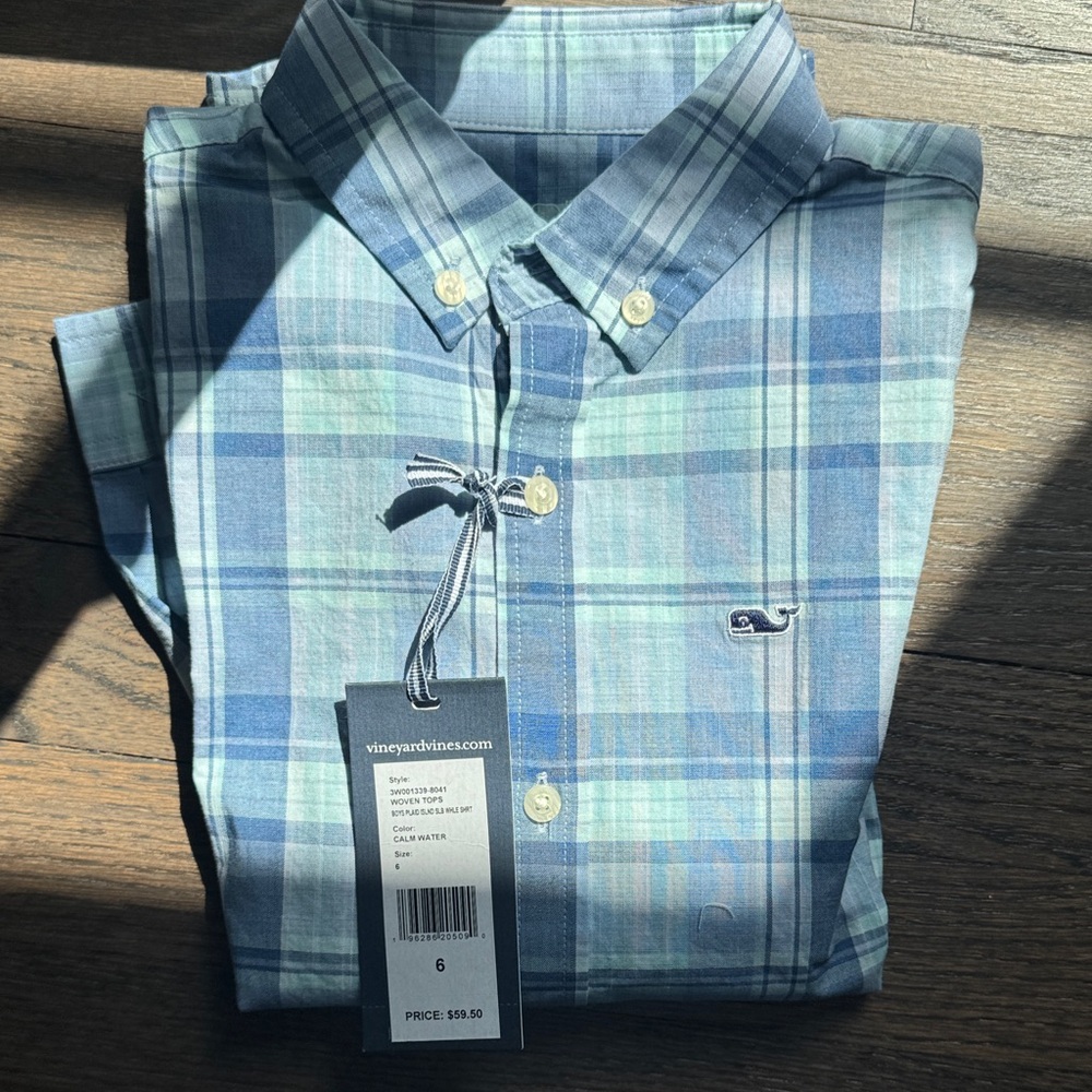 Vineyard Vines Boy’s Blue Plaid Button Down Size 6 NWT